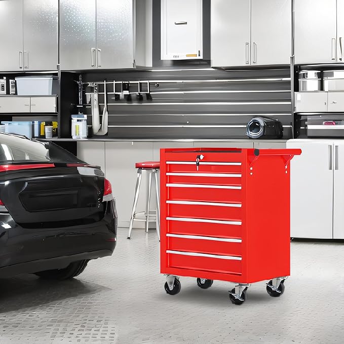 7 Drawers Tool Cart on Wheels, Multifunctional Rolling Storage Tool Chest,Drawers Rolling Tool Boxes Trolley Organizer Case for Garage,Warehouse,Workshop,Repair Shop (7 Drawers - Red)