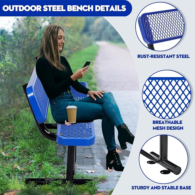 Heavy Duty Park Bench with Back Portable Frame, Outdoor Metal Park Bench with Backrest, Steel Mesh Outdoor Bench for Garden, Lawn, Patio, Porch, Park, Yard (Blue, 48" D x 23.2" W x 32.5" H)