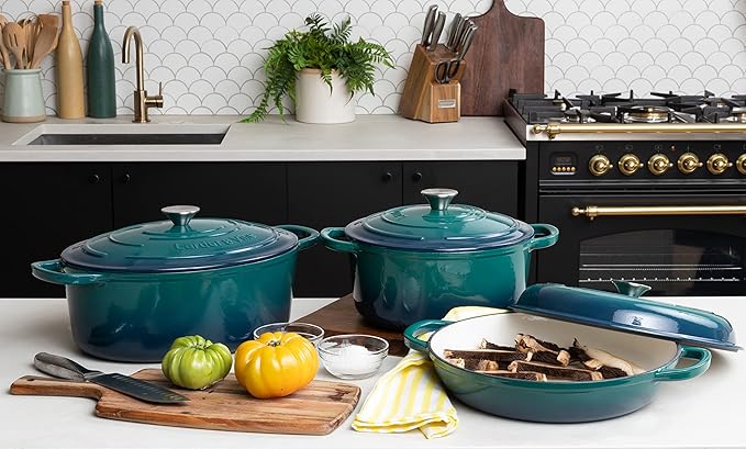 Larder & Vine 6-Piece Enameled Cast Iron Pan Cookware Sets, Includes 8 Quart and 5.7 Quart Dutch Oven with Lids, Braiser/Crock Pot with Lid (Bondi)