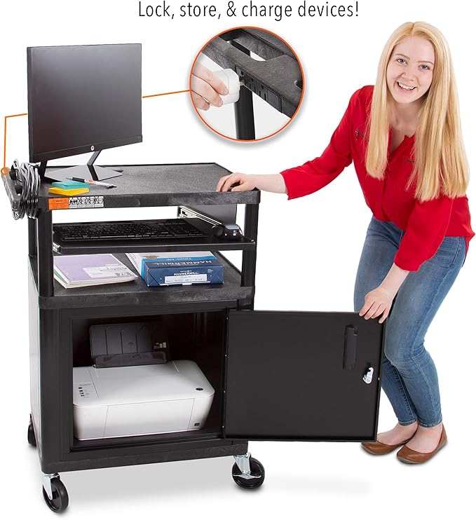 Line Leader Plastic AV Cart with Keyboard Tray and Locking Metal Cabinet, Heavy Duty Mobile Workstation with 4 Rolling Casters, 2 Locking Brakes, Heavy Duty, Holds up to 100 lbs (34 Inch w Cabinet)