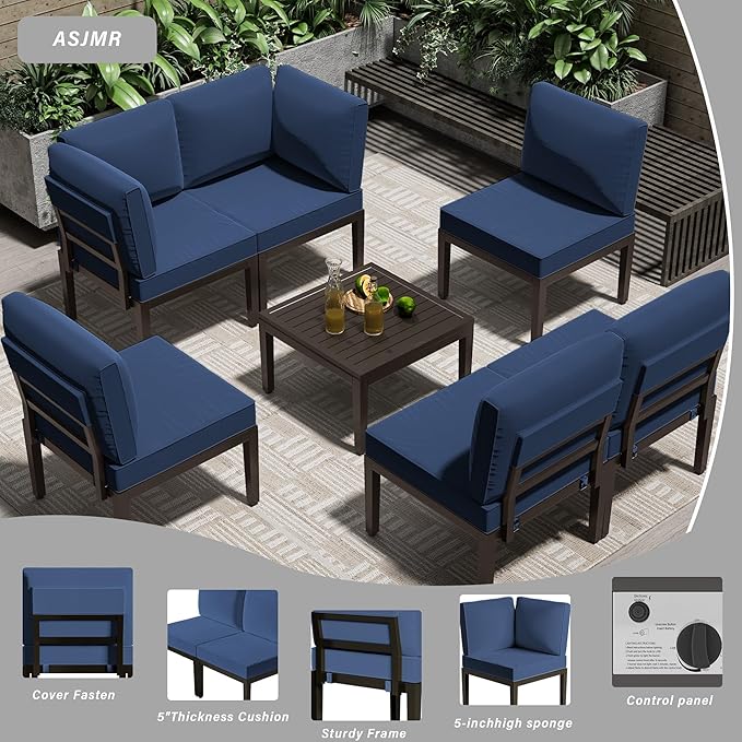 Patio Furniture Set,7 Pieces Modern Outdoor Conversation Set, Outdoor Metal Sectional Sofa with Thick Cushion and Coffee Table.