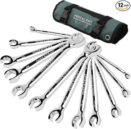 PRIDE&CRAFT 12-Piece Flare Nut Wrench Set, Metric & SAE,6-21mm & 1/4" to 7/8", CR-V Steel, 15°Offset Design, Brake Line Wrench Set with Organizer Pouch