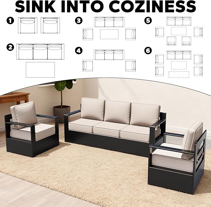 Aluminum Patio 79" Sofa Set with 2 Swivel Rocker Chairs, All Weather Outdoor Conversation Furniture with Metal Armrest & 6" Removable Cushions & Furniture Covers for Deck (Beige)