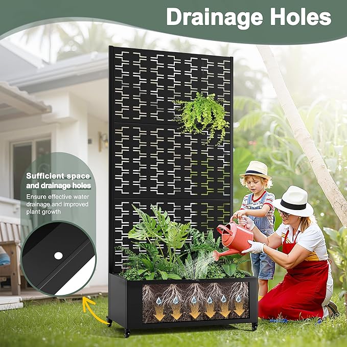 Planter Box with Trellis and Wheels, Metal Privacy Screen with Garden Beds Outdoor for Climbing Plants, Standing Planter Boxes with Drainage Holes (35" L×16" W×71" H, Black Rectangle)