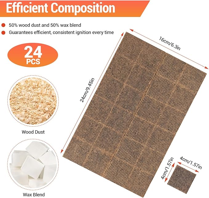 Wood Fire Starters Cubes - 24 Squares Natural Firestarter for Fireplace Stove Camping Pit Grill Campfires BBQ and Indoor Outdoor Use
