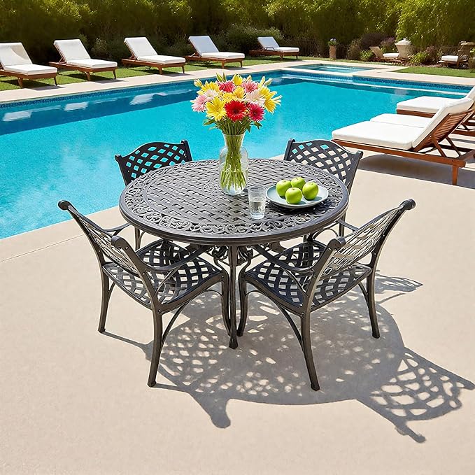 5 Pieces Cast Aluminium Patio Dining Set for 4-6 Person,Round 48" Patio Table and Chairs Set of 4 with 2.3" Umbrella Hole,Outdoor Patio Furniture Dining Set for Porch Backyard Deck, Black