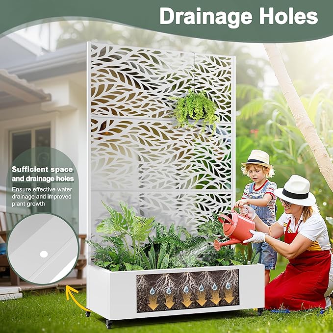 Metal Planter Box with Trellis & Wheels for Outdoor Plants, Large Raised Garden Beds with Drainage Holes, Privacy Planters Box with Trellis for Plants Vegetables, (47" L, White Spring)