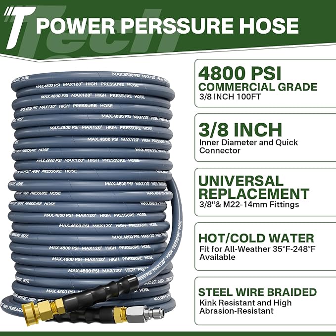 5000PSI Pressure Washer Gun and Hose Kit, 100FT Kink Resistant Steel Braided Power Washer Hose with 3/8" Swivel Quick Connector and M22 14mm Adapters Replacement/30" Extension Washer Wand