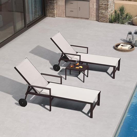 PURPLE LEAF Pool Lounge Chairs Set of 3 Aluminum Outdoor Chaise Lounge with Armrests and Wheels Adjustable Patio for Deck Outside Lawn Garden, Linen
