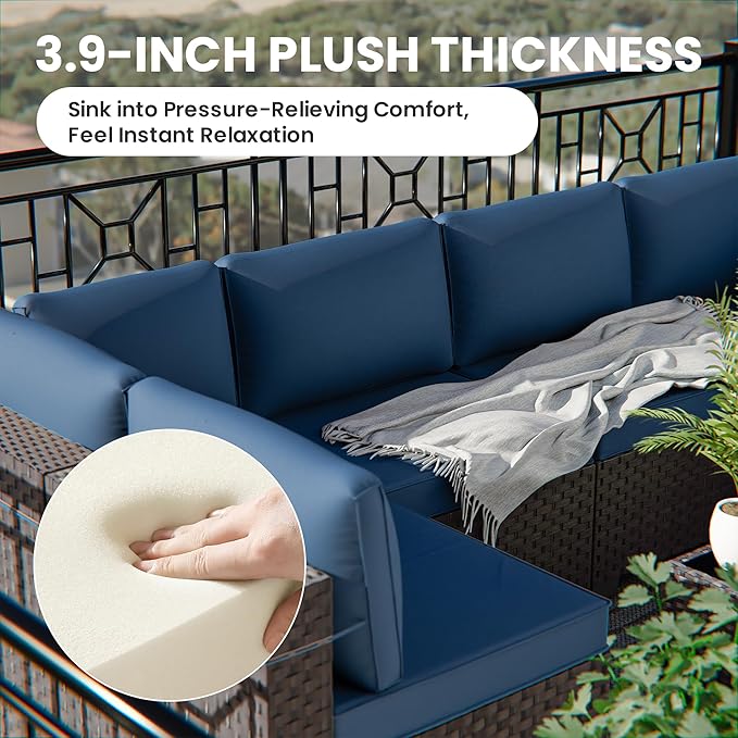 16 Pieces Outdoor Patio Furniture Set Outdoor Furniture Patio Sectional Sofa Conversation Sets w/ETL Approved 45" Gas Outdoor Fire Table & Coffee Table, Swivel Rocking Chair (Navy)