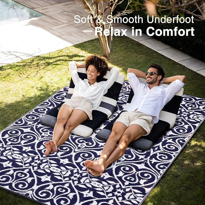 OLANLY Outdoor Rug Waterproof 8x10 ft Clearance, Reversible Outdoor Plastic Straw Rug with Floral Pattern, RV Mat for Patio, Camping, Balcony, Deck, Backyard, Navy & White