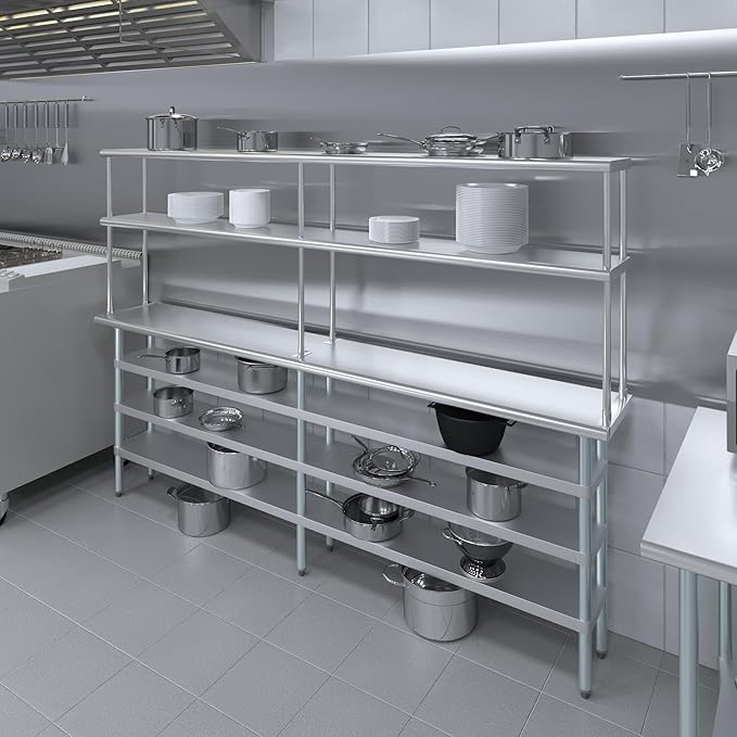 Amgood 14" x 96" Stainless Steel Work Table with 3 Shelves and 12" Wide Double Tier Overshelf | Metal Kitchen Prep Table & Shelving Combo | NSF