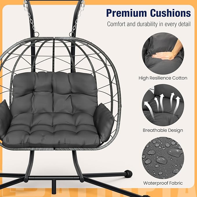 Pamapic 700 LBS Double Egg Chair Outdoor, UV Resistant Cushions Hanging Egg Chair with Armrests & Headrest, Thick Steel Frame Egg Swing Chair with Stand, for Relaxing & Reading Outside/Inside(Grey)