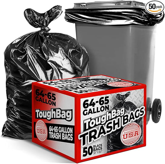 ToughBag 64-65 Gallon Trash Bags, 50x60" Extra Large Trash Can Liners for Toter, (50 Count) Heavy Duty – Made in USA