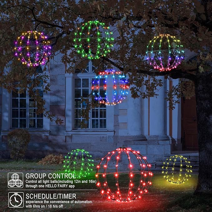 3 Pack 12” Outdoor/Indoor LED Christmas Light Balls, Smart Hanging Tree Decor Sphere Lights, Dimmer Color Changing, App & Remote Control, Timer, Waterproof, Holiday, Patio, Wedding Decor
