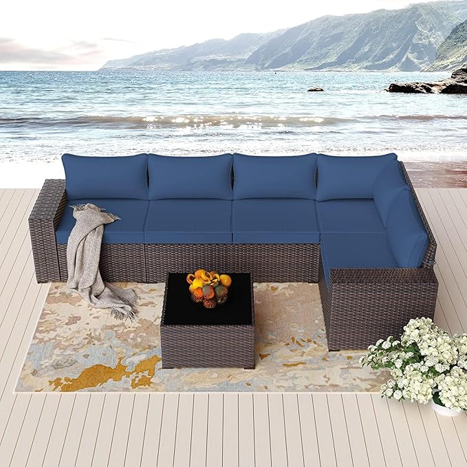 Outdoor Patio Furniture Set, 6 Pieces Outdoor Furniture All Weather Patio Sectional Sofa PE Wicker Modular Conversation Sets with Coffee Table,5 Chairs & Seat Clips Dark Blue