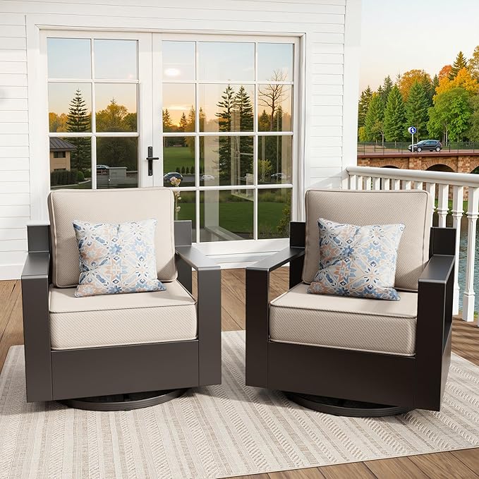 Aluminum Outdoor Swivel Rocker Chairs Set of 2 - All Weather Use Porch Furniture, 2 Pieces 360 Degree Swivel Glider Patio Chairs with 6" Water-Resistant Cushion & Chair Covers (Beige)