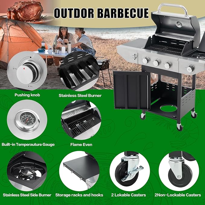 Propane Grill 3 Burner Barbecue Grill Stainless Steel Gas Grill with Side Burner, 37,000 BTU Outdoor Cooking, Patio, Garden Barbecue Grill, Black and Silver