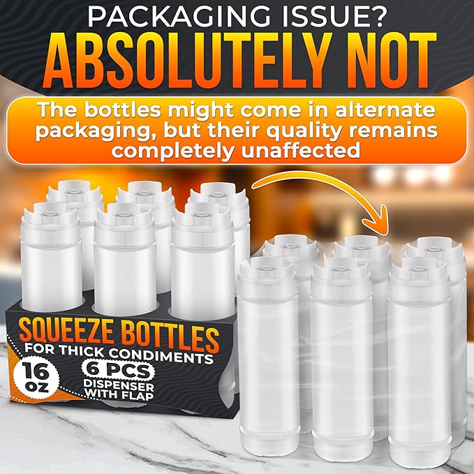 Set of 6 Condiment Squeeze Bottles for Sauces 16 oz – Easy-to-Fill Clear Bottles with Self-Closing Valve | Ready for Dressings, Ketchup, Mustard, Honey Jars & More, Durable, Reusable, Mess-Free Design
