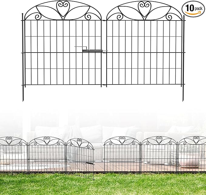 10 Panels No Dig Decorative Outdoor Garden Fence with Gate, 32 in(H) X 23.6 ft(L) Animal Barrier Fencing, Rustproof Portable Fence, Temporary Dog Fence Outdoor for Yard, Outside, Backyard