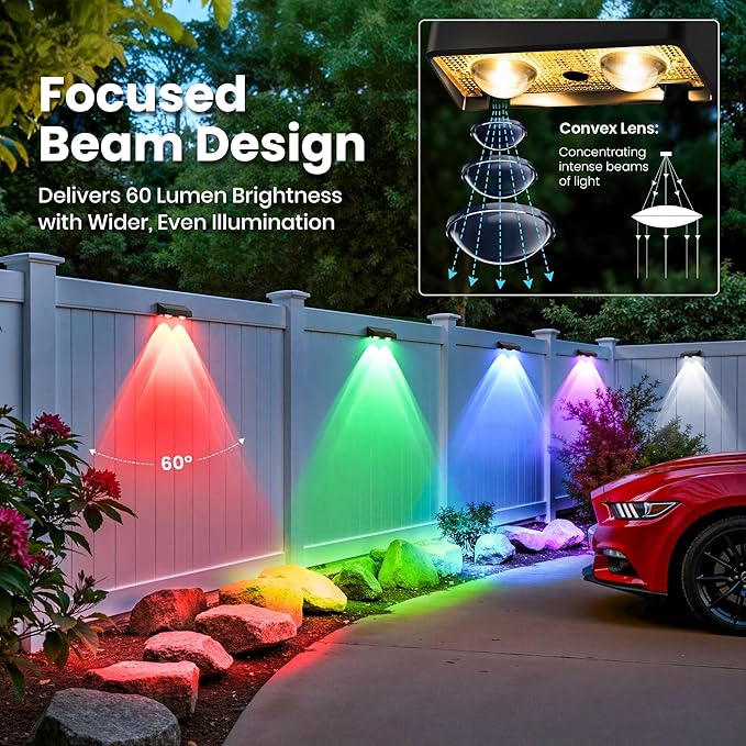 Solar Fence Lights Outdoor,50 LM 11 Modes & 9 Colors Solar Lights with Brighter LED Focus Lens Waterproof IP65 for Wall Backyard Deck Patio Porch Step Railings Pool Decor（12 Pack）