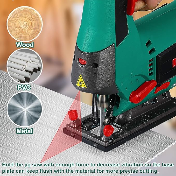 HYCHIKA Jig saw, 6.7A Jig Saw 800-3000SPM with 6 Variable Speeds, 4 Orbital Sets, Bevel Angle 45°, 6PCS Blades, Pure Copper Motor, Laser Guide, Wood Metal Plastic Cutting