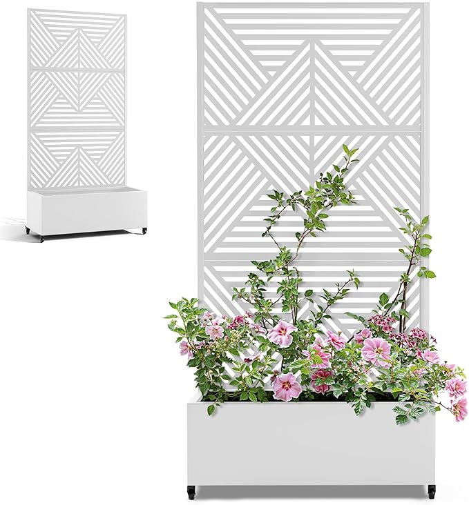 Metal Raised Garden Beds with Privacy Screen for Outdoor Plants, Planter Box with Trellis & Wheels, Flower Boxes with Drainage Holes (35" L×16" W×71" H, White Zodiac)
