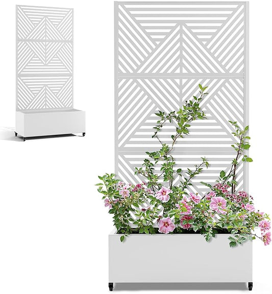Metal Raised Garden Beds with Privacy Screen for Outdoor Plants, Planter Box with Trellis & Wheels, Flower Boxes with Drainage Holes (35" L×16" W×71" H, White Zodiac)
