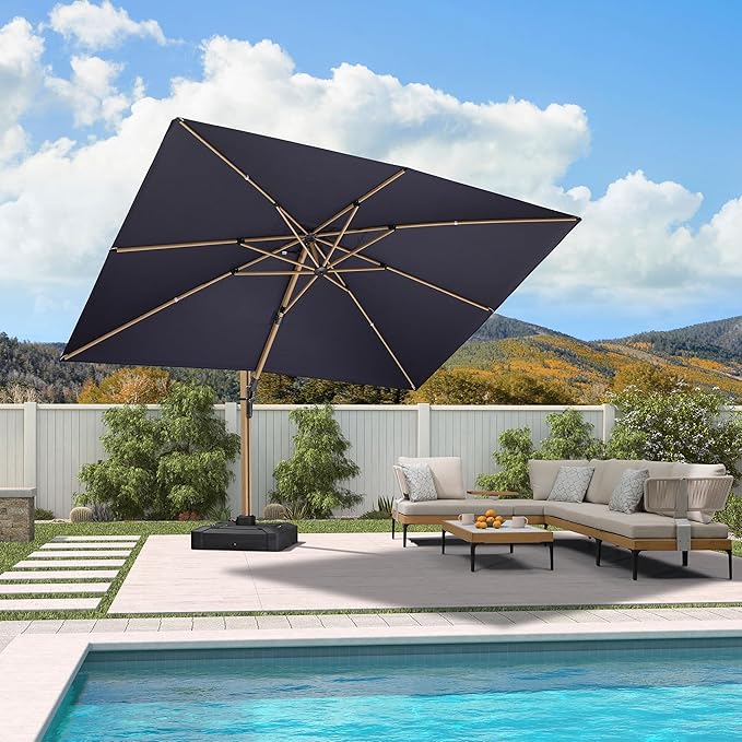 PURPLE LEAF 9' x 12' Rectangle Patio Cantilever Umbrella With Base Large Hanging Umbrella Teak Finished Aluminum Frame Windproof Offset Outdoor Sun Umbrellas for Beach Pool Deck, Navy Blue
