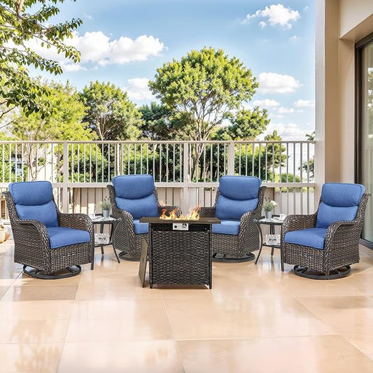 Outdoor Swivel Rocker Patio Chairs Set of 4 with Fire Table - 5" Thick Cushion 6 Piece Furniture Set with Fire Pit Table All Weather Wicker Conversation Set for Porch Deck - Brown/Blue