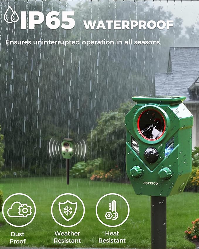Solar Animal Repellent Outdoor, Ultrasonic Cat Repellent Outdoor, IP65 Waterproof Deer Repellent Deterrent Squirrel Racoon Skunk Rabbit, Dog Repellent for Yard Garden Lawn with RIP Sensor