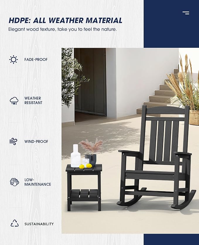 KINGYES Oversized Outdoor Rocking Chair Set of 2, HDPE Patio Rocking Chair, All Weather Porch Rocker, Black