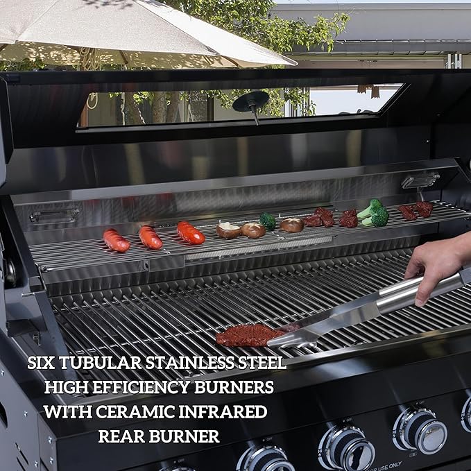 95-Inch Outdoor Kitchen Island Grill - 43” 6-Burner 85000 BTU Propane Gas Grill w/Wine Cooler/Refrigerator, Rotisserie Kit, Granite Countertops, Stainless Steel Sink, 304 Marine Grade SS, Black