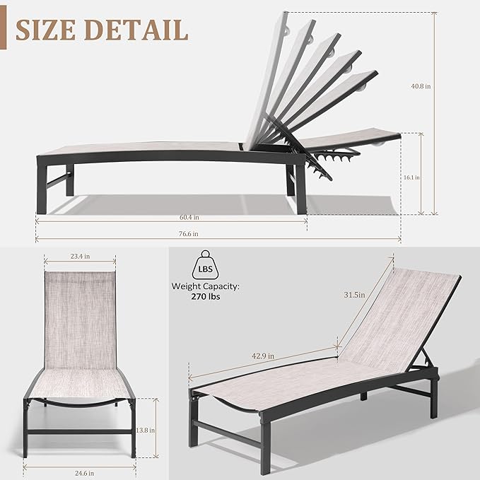Patio Aluminum Chaise Lounge Chair, Set of 2 Outdoor Recliner Lounge Chair Sun Loungers, All Weather Chaise with 5 Adjustable Backrest and Lay Flat Positions for Garden, Balcony, Pool, Earth