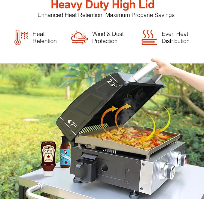 Brand-Man 2 Burner Portable Propane Griddle with Hood, 18,000 BTU Tabletop Flat Top Gas Grill with Warming Rack & Regulator for Outdoor Cooking, Camping BBQ, Tailgating Picnicking