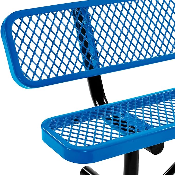 Global Industrial 6'L Heavy Duty Expanded Metal Mesh Bench with Backrest with Steel Frame, Portable Outdoor Bench, 1000 lbs Capacity, Blue, 72" L x 24" W x 33" H