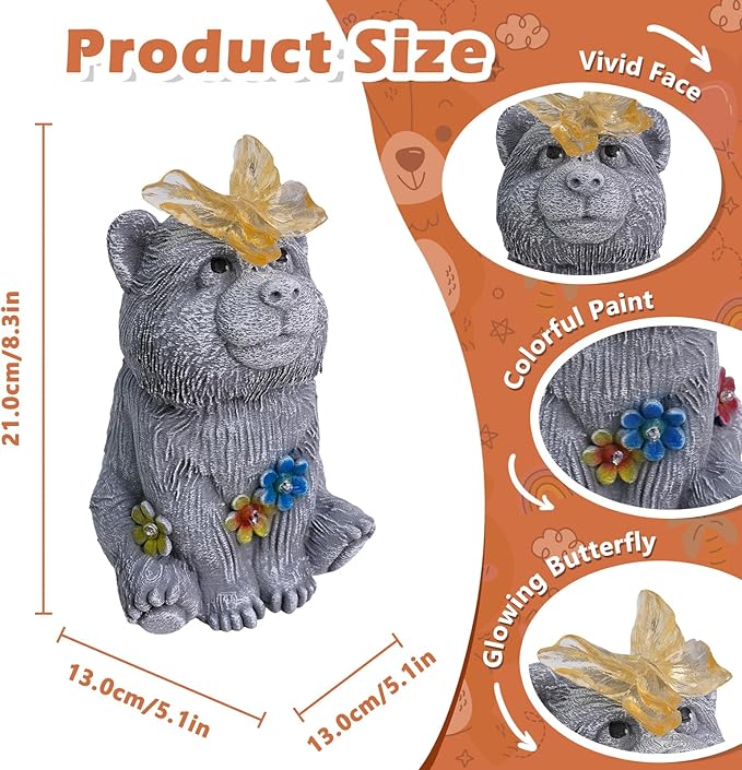 Adorable Baby Bear Garden Statue with Solar Butterfly Light - Cute Bear Cub Figurine with Flower Accents - Outdoor Decor for Patio Lawn - Christmas Housewarming Birthday Gifts for Grandma Mom Women