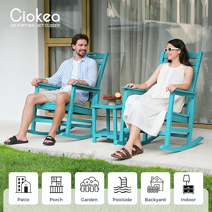 Ciokea Oversized Outdoor Rocking Chair, HDPE Porch Rocking Chair for Outside, Weatherproof Comfortable Patio Rockers for Front Deck Balcony, Lake Blue
