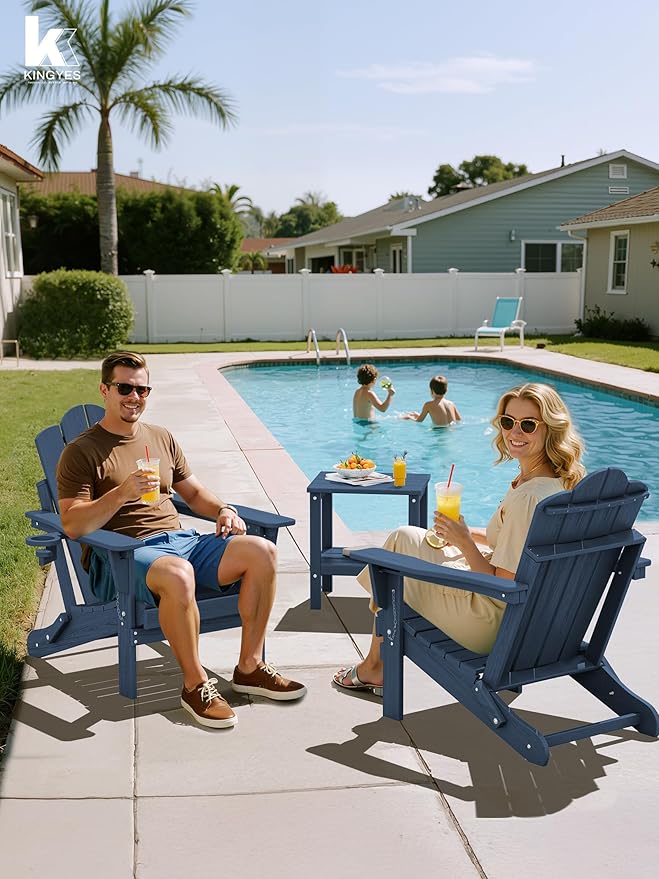KINGYES Adjustable Folding Adirondack Chair Set of 6, 3-Position Reclining Adirondack Chairs with Cup Holder, HDPE All-Weather Oversized Adirondack for Outdoor, Patio, Backyard Deck, Fire Pit, Blue