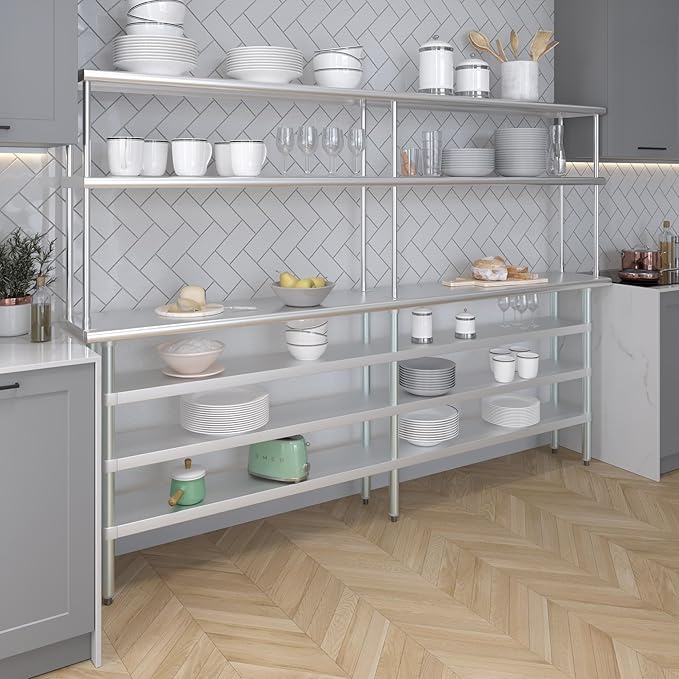 Amgood 14" x 96" Stainless Steel Work Table with 3 Shelves and 12" Wide Double Tier Overshelf | Metal Kitchen Prep Table & Shelving Combo | NSF