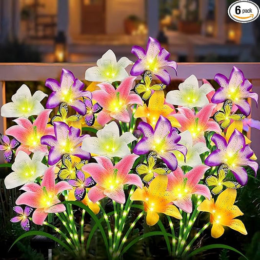 6 Pack Solar Garden Lights LED Solar Lilies Flower Lights, Yard Patio Pathway Decoration High Flexibility Copper Wire Handmade Silk Artificial Flowers Never Wither, Gift for Family Friends