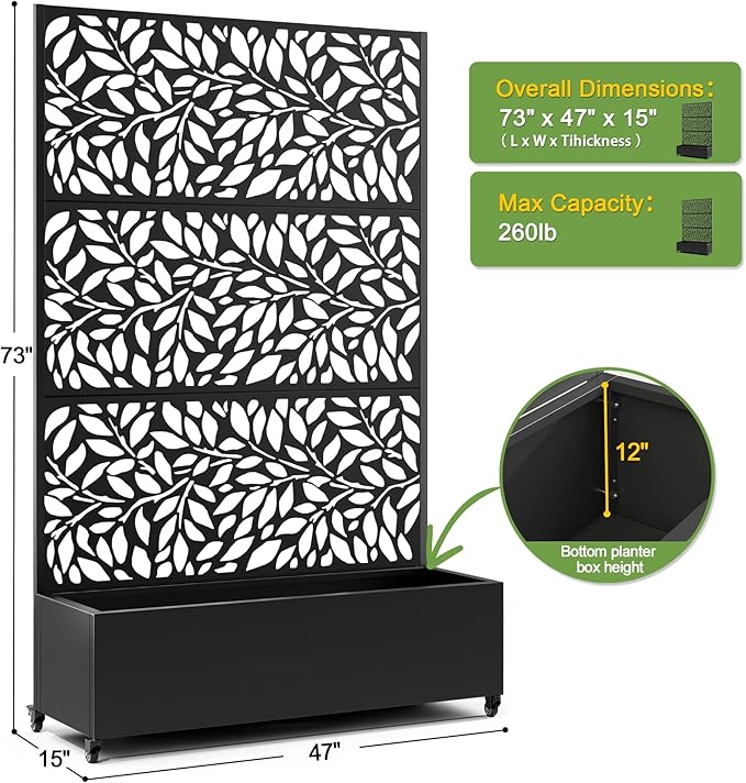 FENCY Metal Raised Garden Bed with Wheels and Trellis,73"x47"x16" Planter Box for Climbing Plants, Vegetables & Vines, Features Privacy Screen and Drainage Holes (Black-Leaf-2)