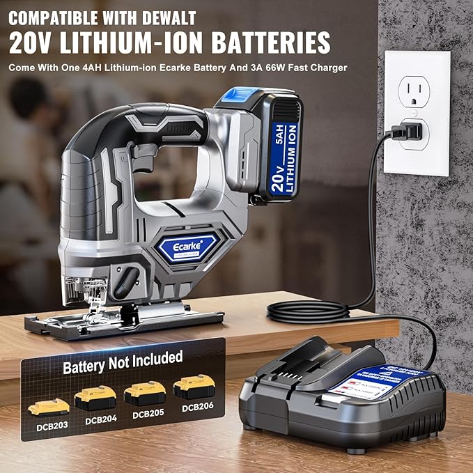 Ecarke Cordless Jigsaw Compatible with Dewalt 20V, Brushless Motor, Variable Speed, LED Light, 0°-45° Bevel Cuts, 3-Position Orbital Action for Cutting (With 5Ah Battery & Charger Station Kit)