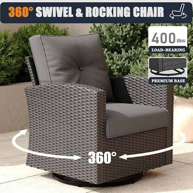 Patio Furniture Set with Fire Pit Table, 12 Pieces Outdoor All-Weather Wicker Conversation Sectional Chair Sofa Set with 4 Swivel Chairs