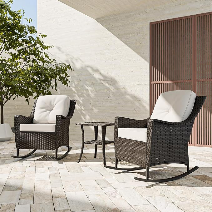 COOS BAY Stone Harbor Patio Bistro Set, 3 Piece Rattan Patio Table and Chairs Set, Wicker Rocking Chairs with Side Table, Small Balcony Furniture Set, Brown/Beige