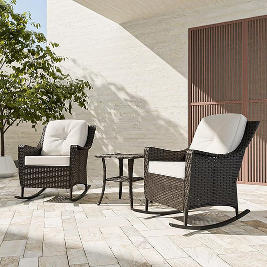 COOS BAY Stone Harbor Patio Bistro Set, 3 Piece Rattan Patio Table and Chairs Set, Wicker Rocking Chairs with Side Table, Small Balcony Furniture Set, Brown/Beige