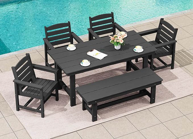 SERWALL Outdoor Dining Set for 6, HDPE Outdoor Furniture with Umbrella Hole & 1 Outdoor Bench & 4 Outdoor Dining Chairs, Black
