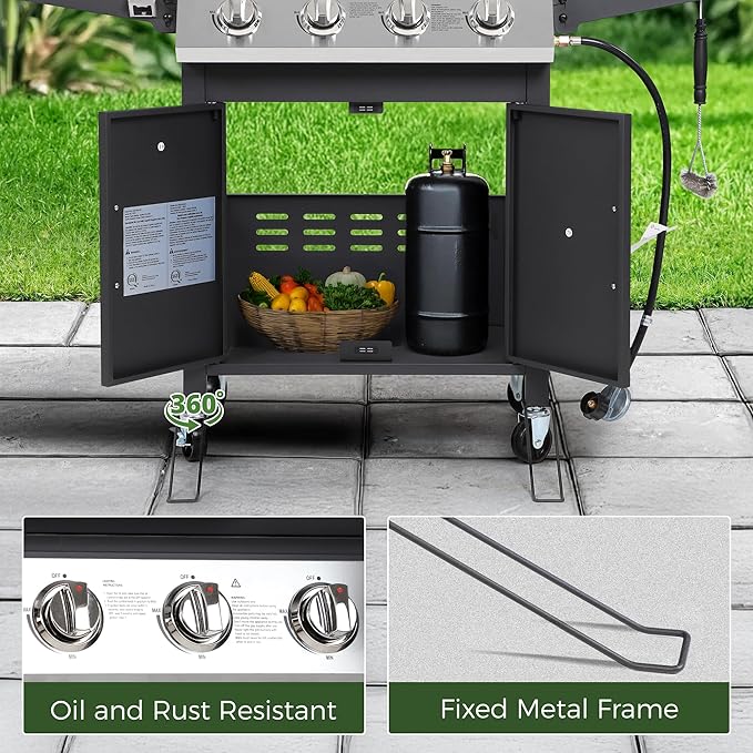HUGROVE Propane Gas BBQ Grill with Wheels, 40,000 BTU Output Stainless Steel Barbecue Grill for Backyard & Outdoor Cooking Easy to Assemble, Foldable Side Tables & Spice Rack (Black)
