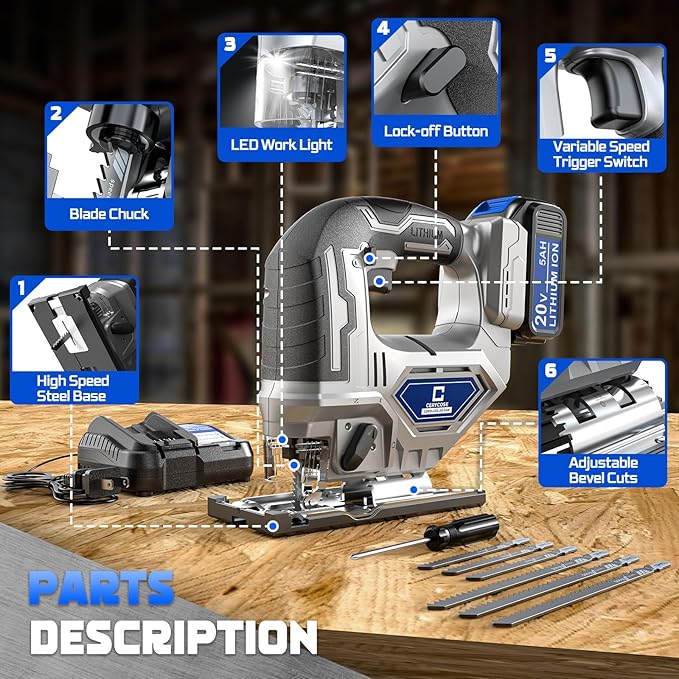 Jigsaw Compatible With Dewalt 20v Max Battery, Cordless jig saw Brushless Motor, 0°- 45° Bevel Cuts, LED Light with 3 Position Orbital Setting (With 5Ah Battery & Charger Station Kit)