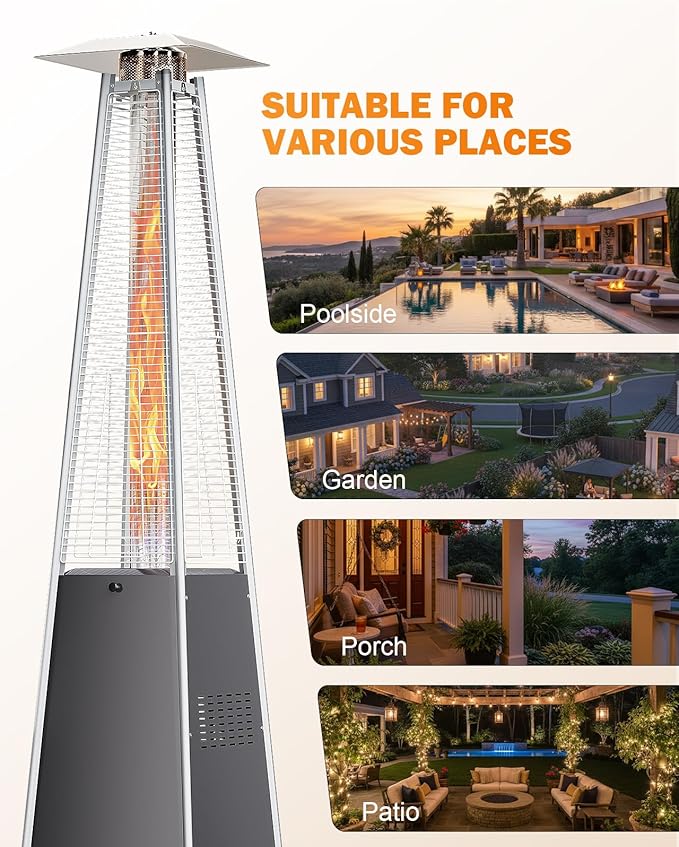 Pyramid Patio Heater for Outdoor Use, 48000 BTU Fast Heating Propane Heater with Wheels & Weatherproof Cover, Triple Protection System Outdoor Heaters for Patio, Yard, Pool, Garden